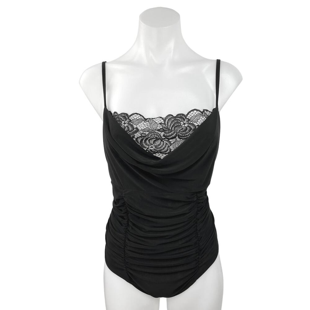 Boohoo Black Spaghetti Strap Cowl Neck Lace Cami Camisole Bodysuit Top Size 16
